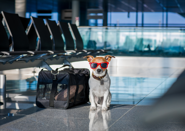 Stylish dog wearing red sunglasses with a plaid travel bag at an airport, representing trendy pet travel preparation.